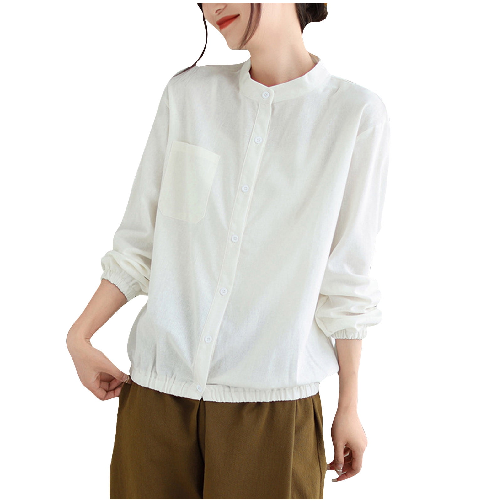Cotton Linen Blouse for Women Plus Size Long Sleeve Crew Neck Pleated ...