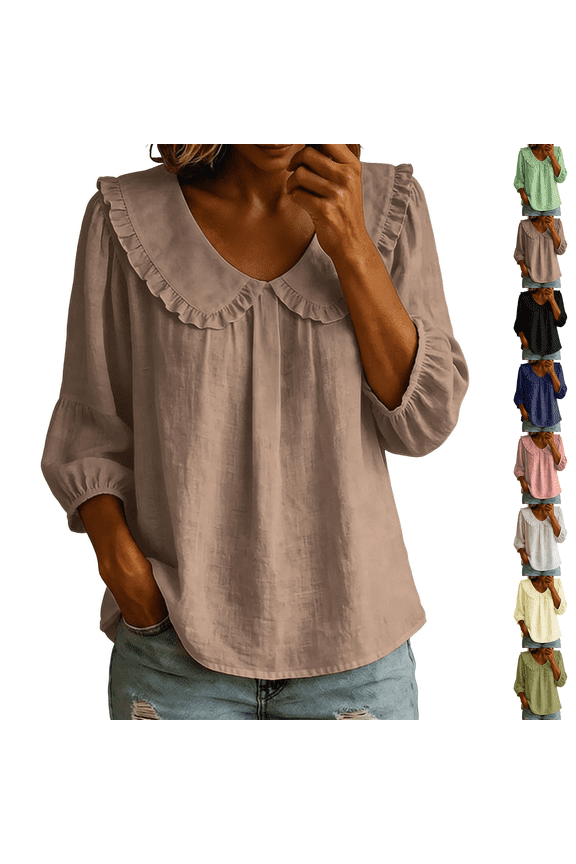 Cotton Linen Blouses for Women 3/4 Length Sleeve Baby Doll Tunic Tops Peter Pan Collar Baggy Gauze Y2k Beach Shirts Khaki S