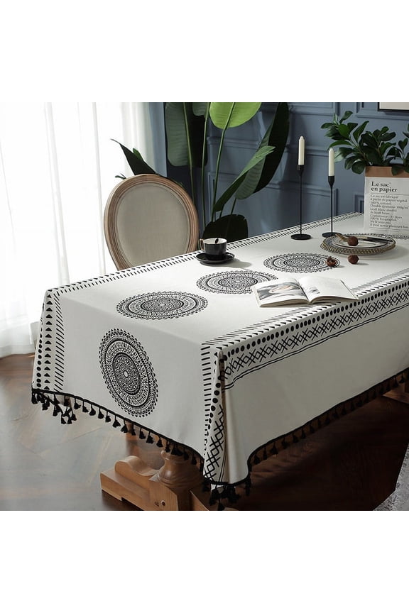 Cotton Linen Boho Geometric Square Tablecloth with Tassel White and Black Bohemia Table Cloth for Home Dining Coffee Farmhouse Restaurant Party Table Decor