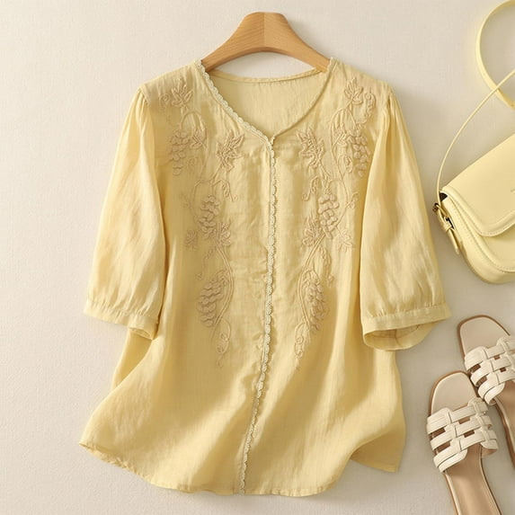Cotton Linen Boho Shirts for Women Casual V Neck Lace Patchwork Vintage Blouse Summer Beach Vacation Clothes