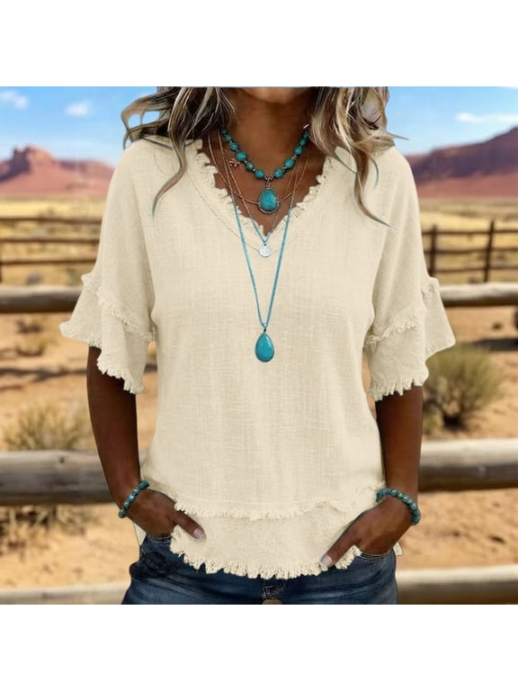 Cotton Linen Boho Tops Shirts for Women Flowy Tops Womens Casual Tops Boho Shirts Peasant Blouses V Neck Fringe Tops for Women Teacher Shirts Raw Edge Hem Shirts Country Concert Tops Beige L