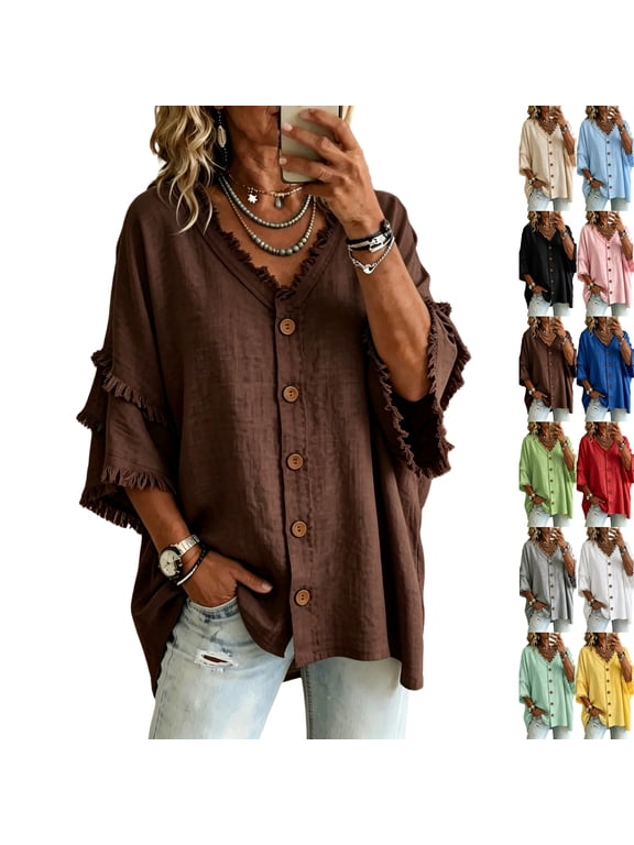 Cotton Linen Boho Tops for Women 3/4 Sleeve Vintage Gauze Fringe Shirts Flowy Button Down Blouse, Western Frayed,Casual Country Concert Bohemian Tops Brown,L