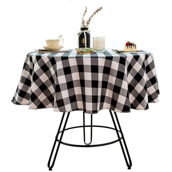 Cotton Linen Buffalo Plaid Round Tablecloth Checkered Round Table Cover for Farmhouse Dining Room Kitchen Home Decor ( Round - 60 Inch, White & Black )