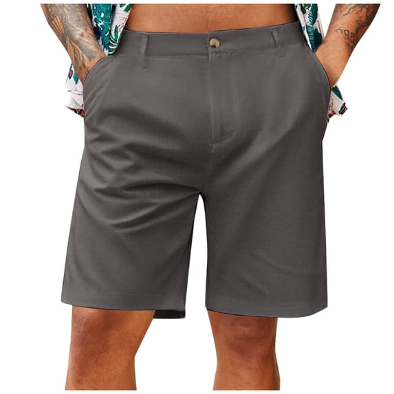 Cotton Linen Business Casual Mens Shorts Breathable Lightweight Solid Color Button Waist Short Pants Fathers Gift