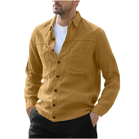 Cotton Linen Button Blouse for Men Lapel Long Sleeve Shirts with Pockets Solid Color Loose-Fit Casual Tops