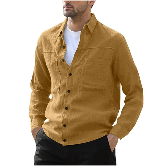 Cotton Linen Button Blouse for Men Lapel Long Sleeve Shirts with Pockets Solid Color Loose-Fit Casual Tops
