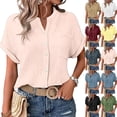 thumbnail image 1 of Cotton Linen Button Down Blouses for Women Summer Casual Short Sleeve Collared Blouse V Neck Textured Loose Fit Tops with Patched Pocket, #01 Pink, M, 1 of 7