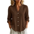 thumbnail image 1 of Cotton Linen Button Down Shirt for Women Ghalytn V Neck Stand Collar Blouse - Long Sleeve Casual Top with Pockets, 1 of 8