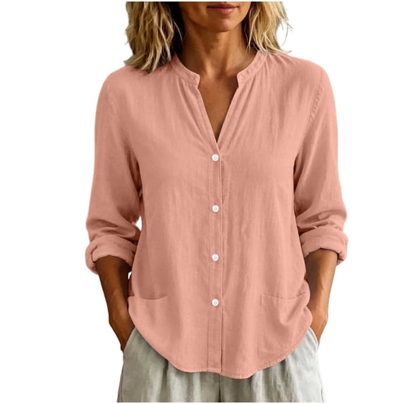 Cotton Linen Button Down Shirt for Women Ghalytn V Neck Stand Collar Blouse - Long Sleeve Casual Top with Pockets