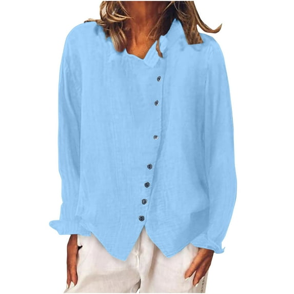 Cotton Linen Button Down Shirts Womens Blouses Loose Fit V Neck Long Sleeve Casual Fall Spring Tops Solid Color (L, Blue)