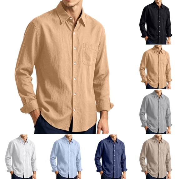 Cotton Linen Button Down Shirts for Men Casual Stylish Long Sleeve T-Shirt Spring and Autumn Classic Fit Beach T-Shirts Camel M