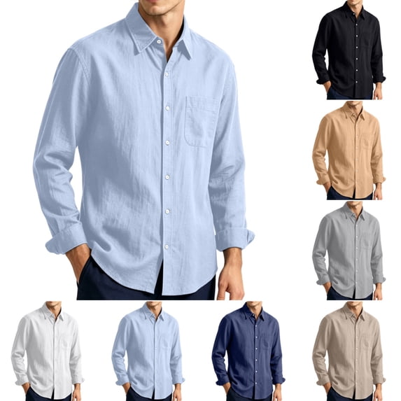 Cotton Linen Button Down Shirts for Men Fashion Casual Long Sleeve T Shirts Spring and Autumn Classic Fit Beach T Shirt Sky Blue 3XL
