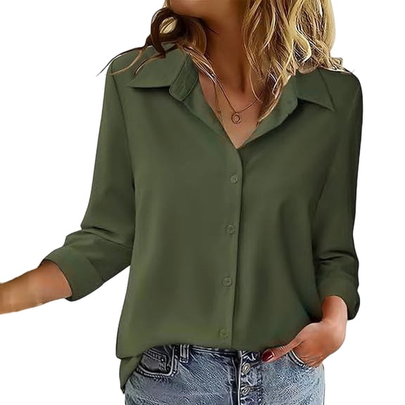Womens Button Down Shirts Lapel Collar Linen Long Sleeve Blouse Casual Work Tops