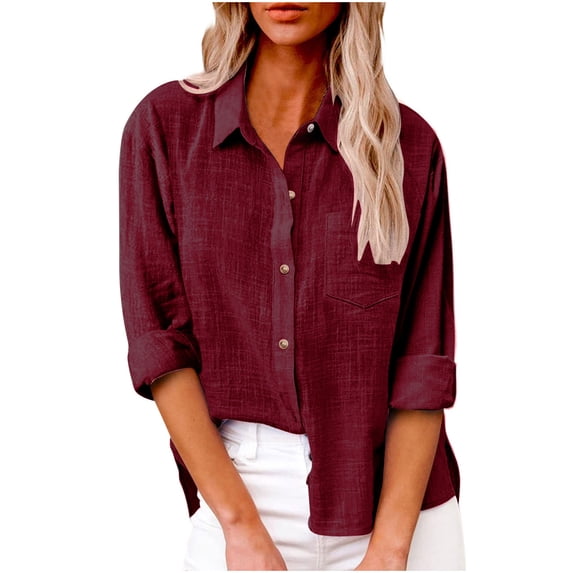 Cotton Linen Button Down Shirts with Chest Pocket Womens Long Sleeve Blouses Fall Casual Lightweight Tshirts (X-Large, Wine)