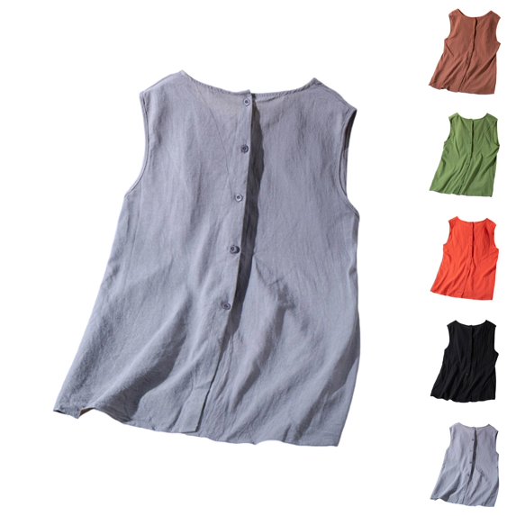 Cotton Linen Button Down Tank Tops for Women 2026 Summer Casual Lightweight Sleeveless Crewneck Plain Tanks