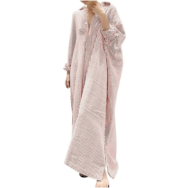 Cotton Linen Button Up Shirt Dress Womens Oversize Striped Long Sleeve Maxi Cover Up Dresses with Side Slits (Small, Pink)