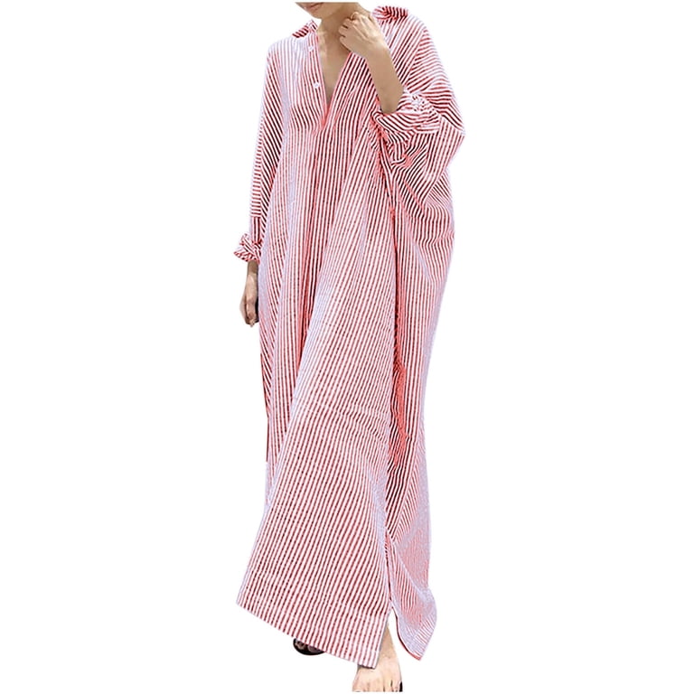 AKOEE Cotton Linen Button Up Shirt Dress Womens Oversize Striped Long Sleeve Maxi Cover Up Dresses with Side Slits (XX-Large, Red), Women's, Size: 2XL