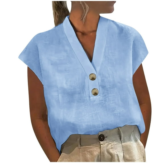 Cotton Linen Button Up Shirts for Women Dressy Casual Cap Short Sleeve V Neck Blouses Comfy Loose Fit Tops (L, Blue)
