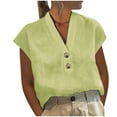 thumbnail image 1 of Cotton Linen Button Up Shirts for Women Dressy Casual Cap Short Sleeve V Neck Blouses Comfy Loose Fit Tops (M, Green), 1 of 6