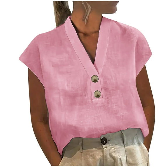 Cotton Linen Button Up Shirts for Women Dressy Casual Cap Short Sleeve V Neck Blouses Comfy Loose Fit Tops (XL, Pink)