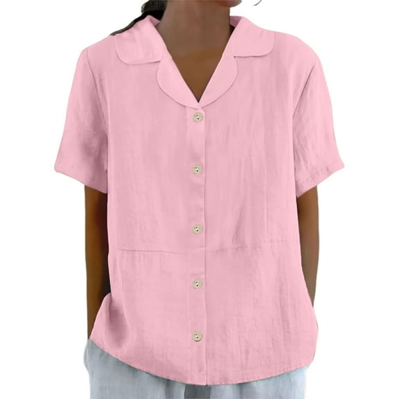 Cotton Linen Button Up Shirts with Collar Womens Solid Color Loose Summer Tops Casual V Neck Blouses (L, Pink)
