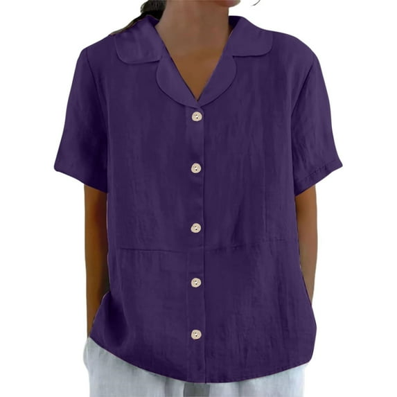 Cotton Linen Button Up Shirts with Collar Womens Solid Color Loose Summer Tops Casual V Neck Blouses (XL, Purple)