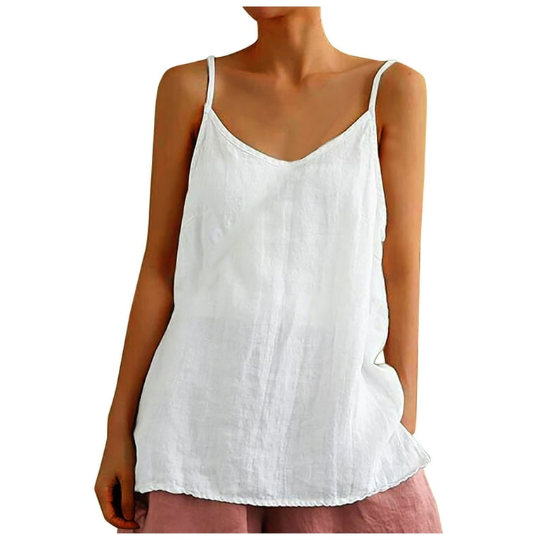 Cotton Linen Cami Tank Tops for Women Solid Sleeveless Spaghetti Strap  Camisole Casual Comfy Summer Blouses Shirts Ladies Clothes