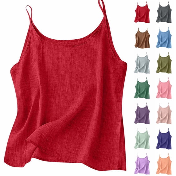 Cotton Linen Camisole Tops for Women Spaghetti Strap Loose Fit Tank Top Summer 2026 Casual Sleeveless Gauze Shirts for Women,Wine ,XXL