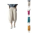 thumbnail image 1 of Cotton Linen Capri Harem Pants for Women Elastic Waist Loose Fit Ruffle Hem Baggy Cropped Pants with Pockets Womens Capris, 1 of 6