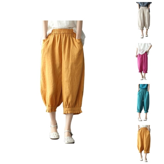Cotton Linen Capri Harem Pants for Women Elastic Waist Loose Fit Ruffle Hem Baggy Cropped Pants with Pockets Womens Capris