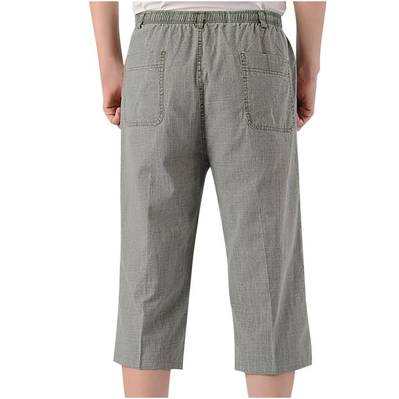 Cotton Linen Capri Pants Men's Casual Solid Baggy Wide Leg Pants Plus Size Pull-on Lounge Beach Pants High Waist Trousers