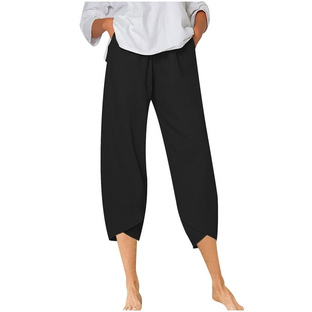 Cotton Linen Capri Pants for Women Casual Solid Wide Leg Summer Gauze ...