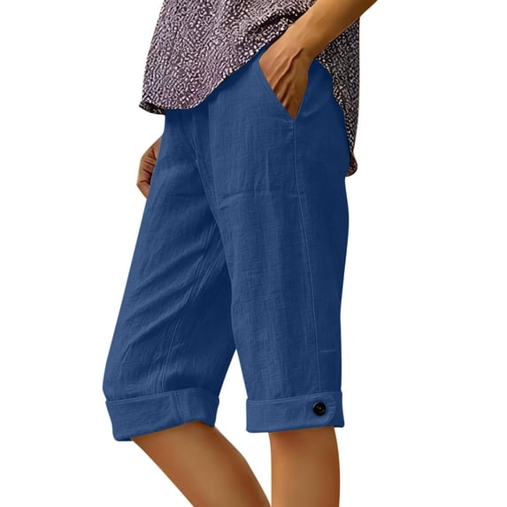 Cotton Linen Capri Pants for Women Casual Summer Breathable Elastic High Waist Rolled Edge Lounge Pant with Pockets (M, Blue)