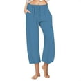 thumbnail image 2 of Brnmxoke Solid Cotton Linen Pants For Women 2024 Summer Drawstring Elastic Capri Pants High Waist Linen Pant Casual Loose Fit Pants 2 of 10