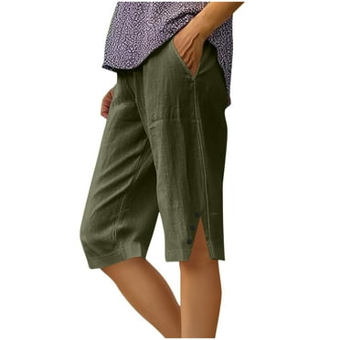 Cotton Linen Capri Pants for Women Casual Summer Side Split Button Capris Relaxed Fit Elastic Waistband Pants with Pockets