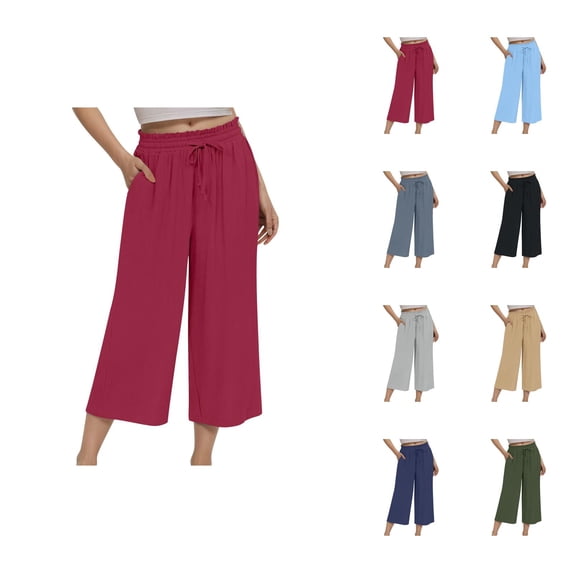 Cotton Linen Capri Pants for Women Elastic High Waist Loose Wide Straight Leg Cropped Pants with Pockets Womens Capris
