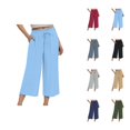 thumbnail image 1 of Cotton Linen Capri Pants for Women Elastic High Waist Loose Wide Straight Leg Cropped Pants with Pockets Womens Capris, 1 of 5