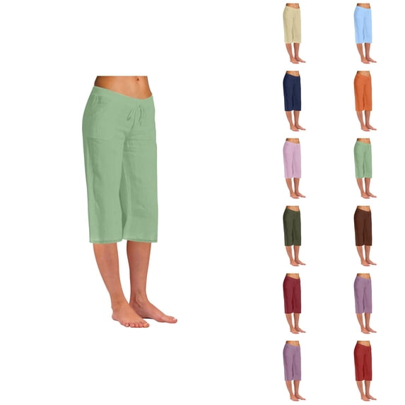 Cotton Linen Capri Pants for Women Elastic High Waist Straight Leg Relaxed Fit Casual Cropped Pants Capris with Pockets