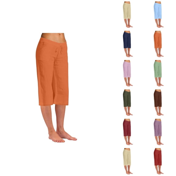 Cotton Linen Capri Pants for Women Elastic High Waist Straight Leg Relaxed Fit Casual Cropped Pants Capris with Pockets