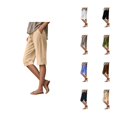 thumbnail image 1 of Cotton Linen Capri Pants for Women Lightweight Elastic Waist Loose Fit Straight Leg Casual Capris with Pockets, 1 of 6