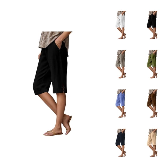 Cotton Linen Capri Pants for Women Lightweight Elastic Waist Loose Fit Straight Leg Casual Capris with Pockets