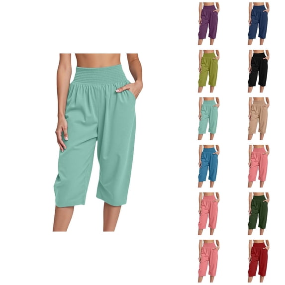 Cotton Linen Capri Pants for Women Lightweight Elastic Waist Loose Fit Wide Leg Cropped Pants with Pockets Womens Capris