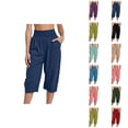 thumbnail image 1 of Cotton Linen Capri Pants for Women Lightweight Elastic Waist Loose Fit Wide Leg Cropped Pants with Pockets Womens Capris, 1 of 3