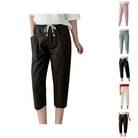 Cotton Linen Capri Pants for Women Lightweight Relaxed Fit Straight Leg Cropped Pants with Pockets Womens Capris