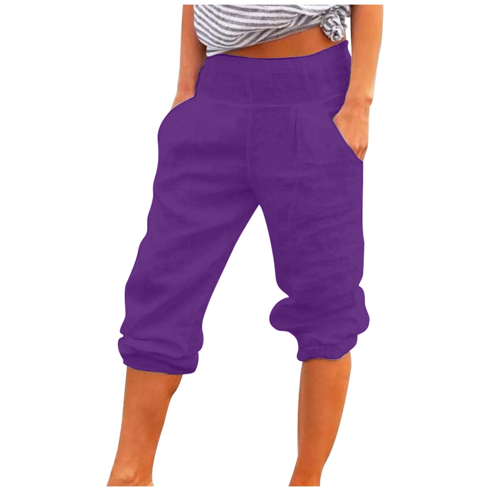 Ellos Women's Plus Size Stretch Cargo Capris Front and Side Pockets Casual  Cropped Pants - 28, Vintage Plum Purple 