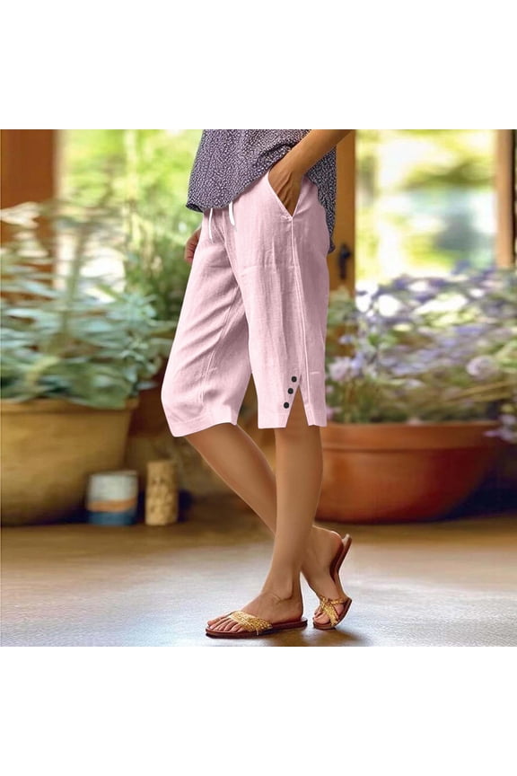 Cotton Linen Capri Pants for Women Petite Bermuda Cozy Shorts Knee Length Drawstring Pants Summer Beach Long Shorts & Daily Wear 12-Pink XL