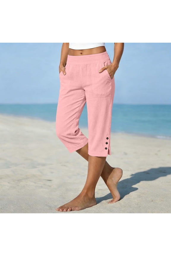 Cotton Linen Capri Pants for Women Petite Tailored Split Button Elastic Waist Capris Light Weight Summer Casual Pink 2XL