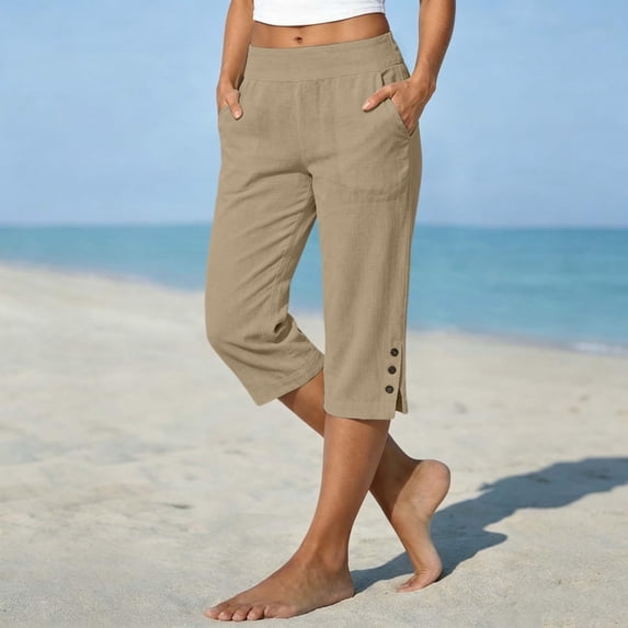Cotton Linen Capri Pants for Women Petite Tailored Split Button Elastic Waist Capris Light Weight Summer Casual Straight Leg Capris, M