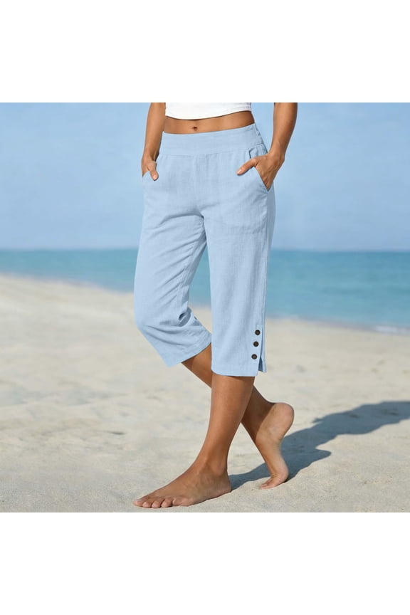 Cotton Linen Capri Pants for Women Petite Tailored Split Button Elastic Waist Capris Light Weight Summer Casual