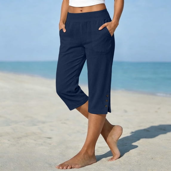 Cotton Linen Capri Pants for Women Petite Tailored Split Button Elastic Waist Capris Light Weight Summer Casual